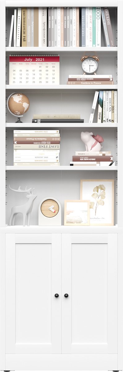 TEKROA® Boekenkasten - 61 cm brede boekenkast - met kastje, 7-laags boekenkast en 5 verstelbare planken - hoge metalen boekenkast voor thuiskantoor en woonkamer - WIT