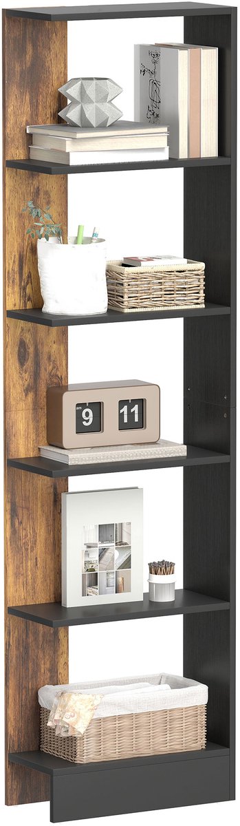 TEKROA® Boekenkasten - Ruimtebesparende moderne houten boekenkast - met 5 planken - 45x21x170 cm - Voor Woonkamer en Kantoor - bruin en zwart