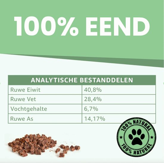 Gedroogde eenden trainingssnacks. 100% eend. Analyse: Ruw eiwit 40,8%, Ruw vet 28,4%, Vocht 6,7%, Ruwe as 14,17%. 100% natuurlijk.