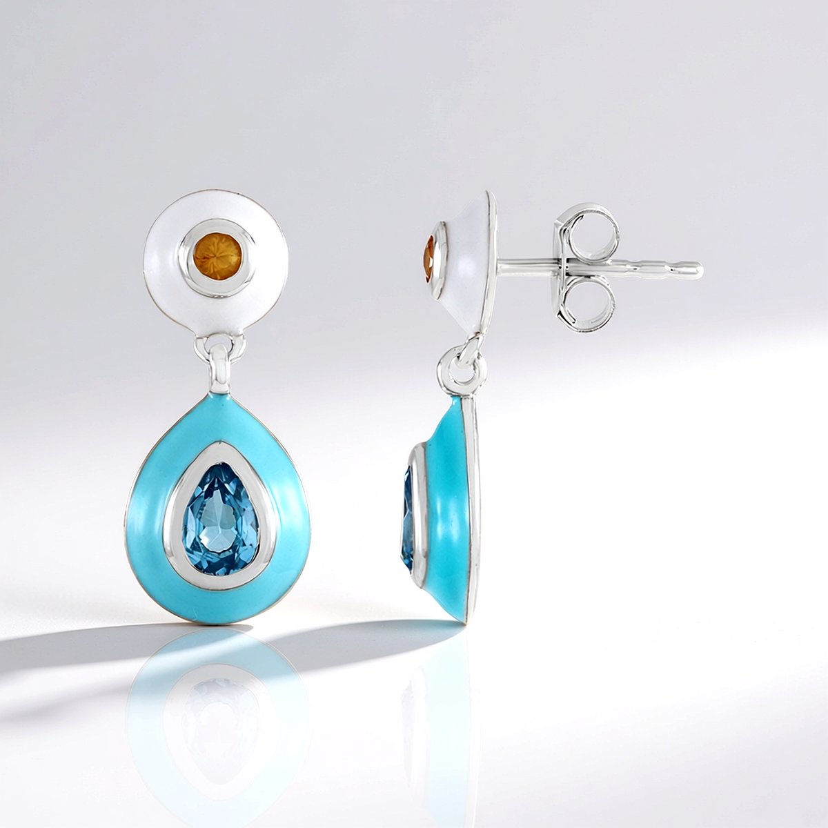 Cavill - Elegante Oorbellen 925 Sterling Zilver Geplatineerd - Blauwe Peervormige Topaas 0,86 ct & Oranje Saffier 0,16 ct - Dames