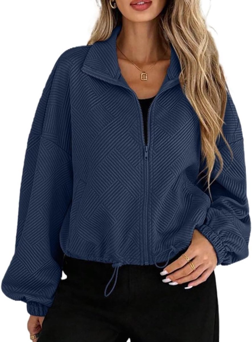 Damesjas met lange mouwen, ritssluiting, jacquard, casual sweatshirt met trekkoord