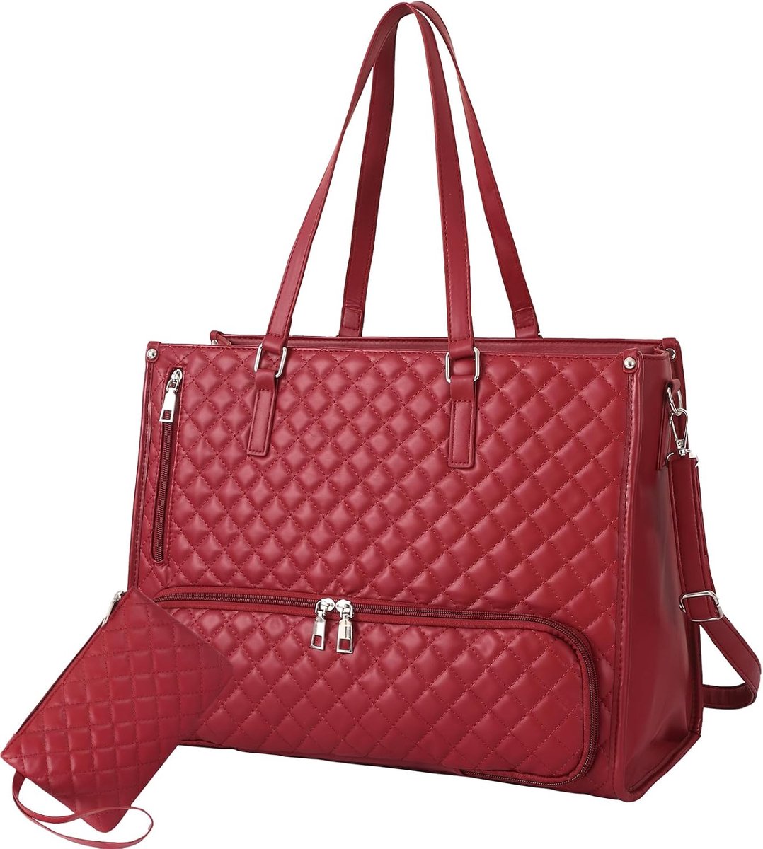 Lunchtas voor dames, 2-in-1 lunchtas en handtas combinatie, laptophandtas 15,6 inch, grote werktas voor dames, wijnrood, 36 x 15.2 x 13.9 cm