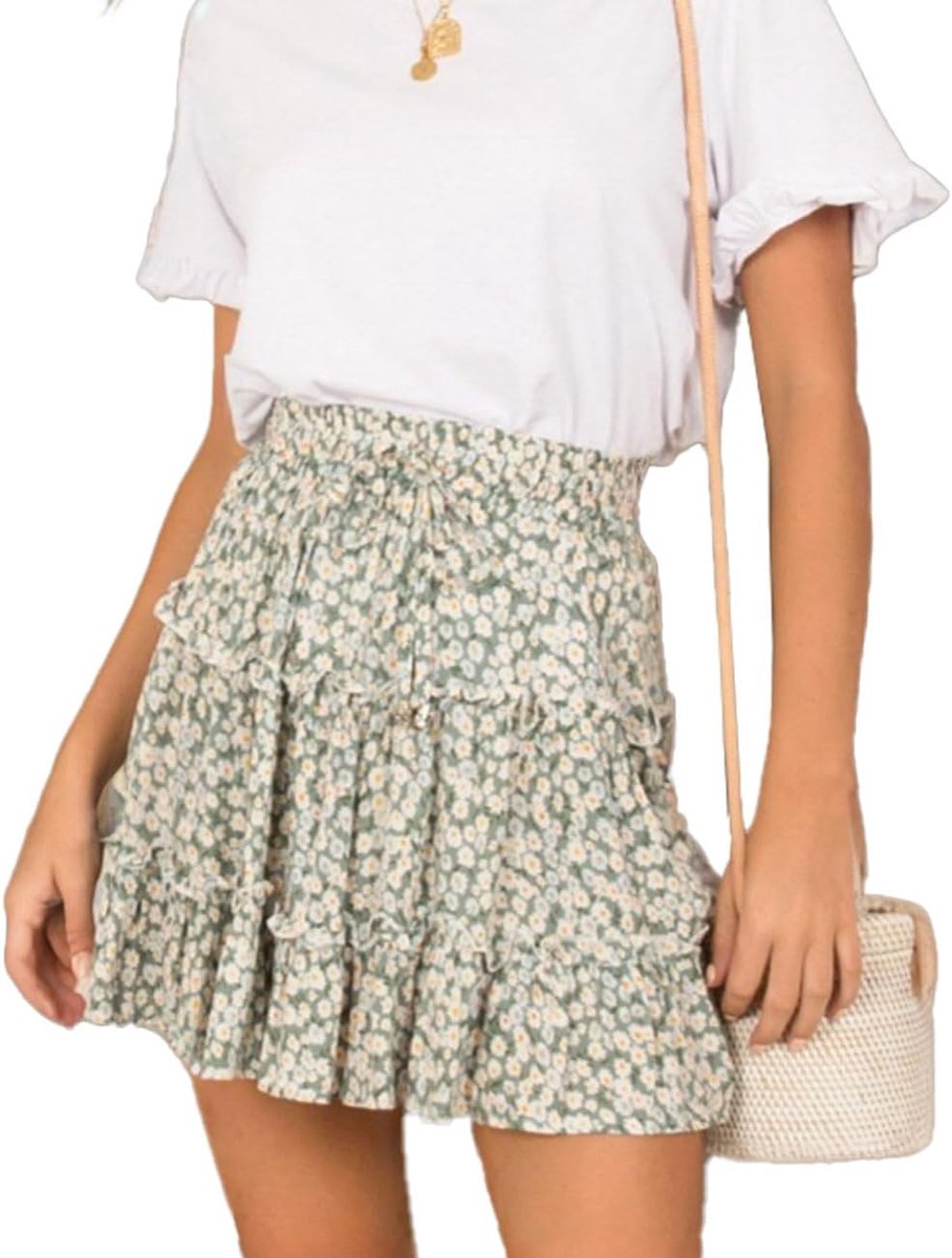 Uitlopende Korte Rok, Boho Hoge Taille Elastische Bloemenprint Geplooid Mini Rater Rok met Koord, Bohemia Ruffle Hem Floaty Bloemen Rok voor Dames, Geel/Groen/Rood, S-L