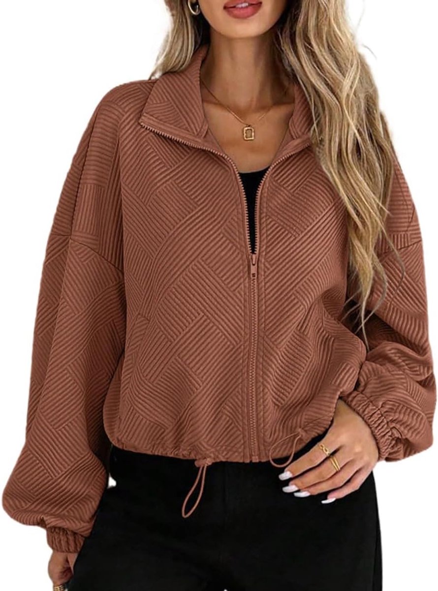 Damesjas met lange mouwen, ritssluiting, jacquard, casual sweatshirt met trekkoord