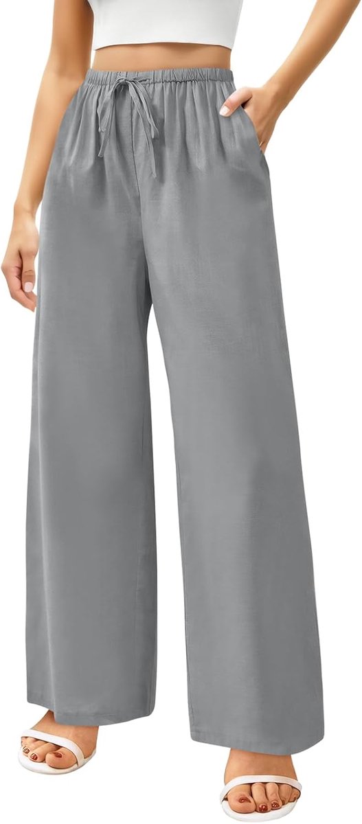 Zomerbroek voor dames, koel, lange broek, linnen, hoge taille, elastisch, brede strandbroek met zakken, licht en comfortabel