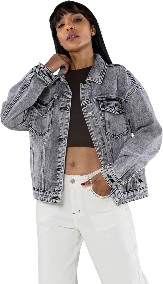 Carter Jeansjack voor dames, rechte denim jas met knoopsluiting, borstzakken en zijzakken, lichte overgangsjas in casual look
