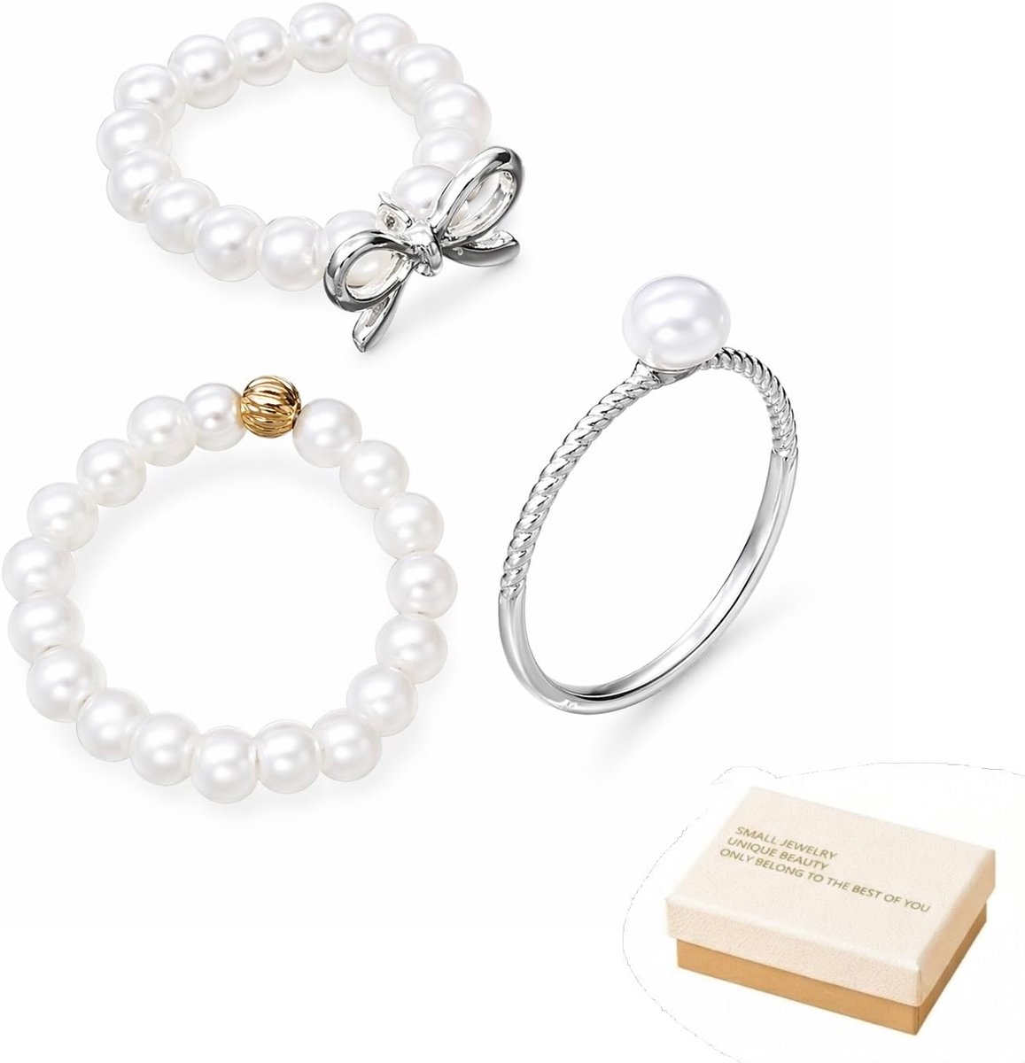 Ringen met elastische kralen: set van 3 voor angst (2 zilver, 1 goud). Elastisch en verstelbaar, met roze geschenkdoos, verlichting en stijl voor vrouwen.