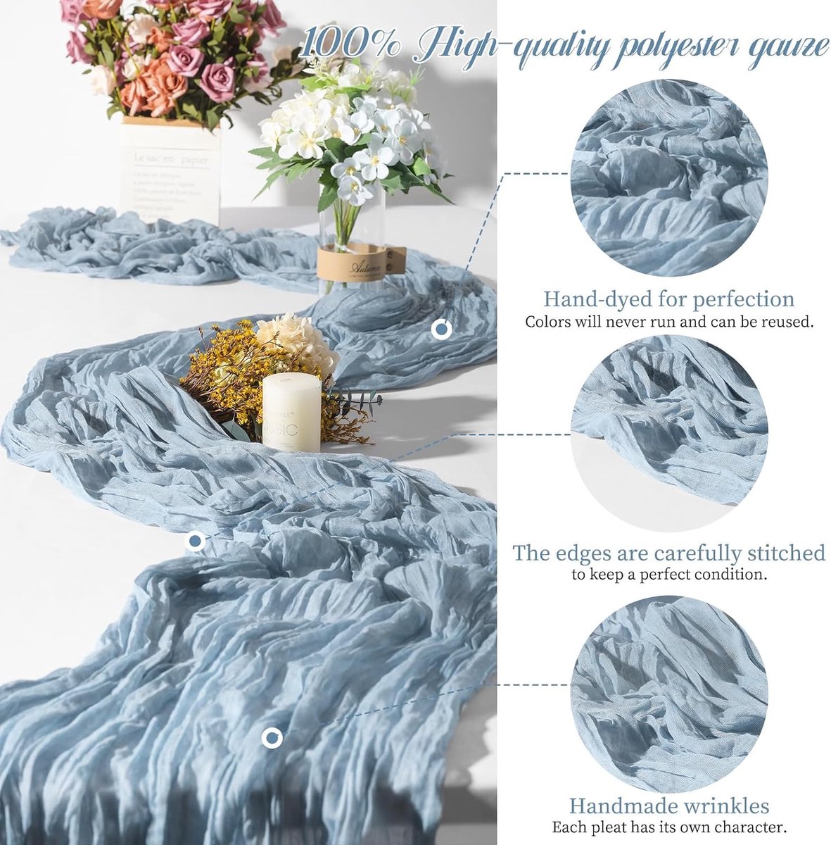 2 stuks tafellopers, blauw, 55 x 300 cm, stoffig blauw, boho-gaas, kaasdoek, tafelloper voor bruiloft, feest, babyshower, bruidsdouche, verjaardagsdecoraties