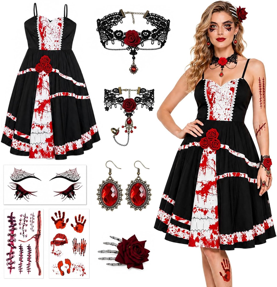 Halloween-kostuum voor dames, gothic jurk met bloedspattenprint, verstelbare bandjes, set met halsketting, kanten armband, oorbellen, gezichtsstickers, tatoeages en haarspeld