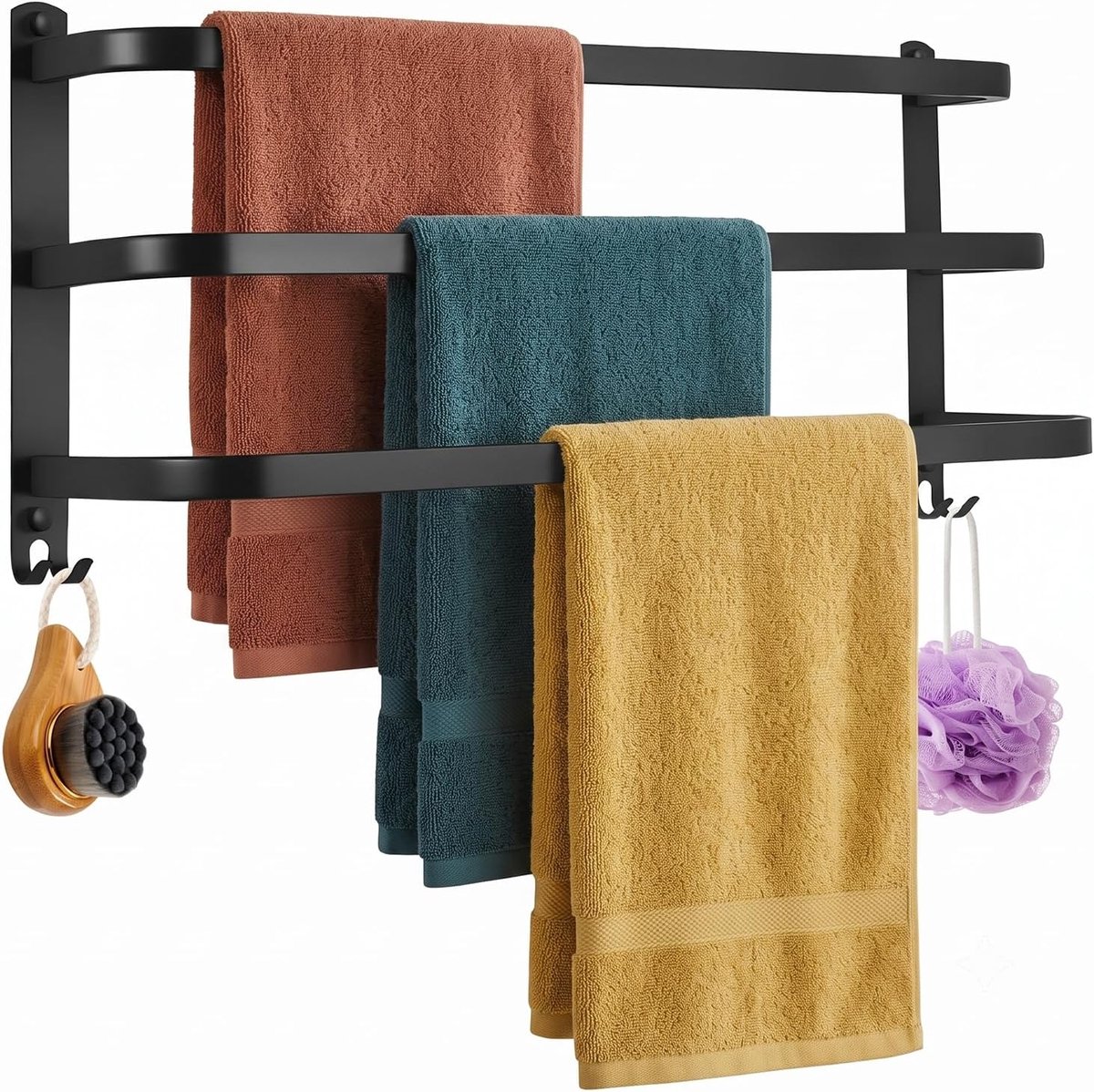 Handdoekhouder zonder boren, 80 cm, handdoekhouder, aluminium, 3-verdieping, handdoekstang met 2 haken, waterdicht, roest, voor badkamer, keuken, zwart