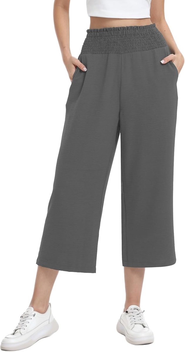 3/4 culotte broek elastische hoge taille zomerbroek | lichte driekwart capribroek met wijde pijpen en zakken