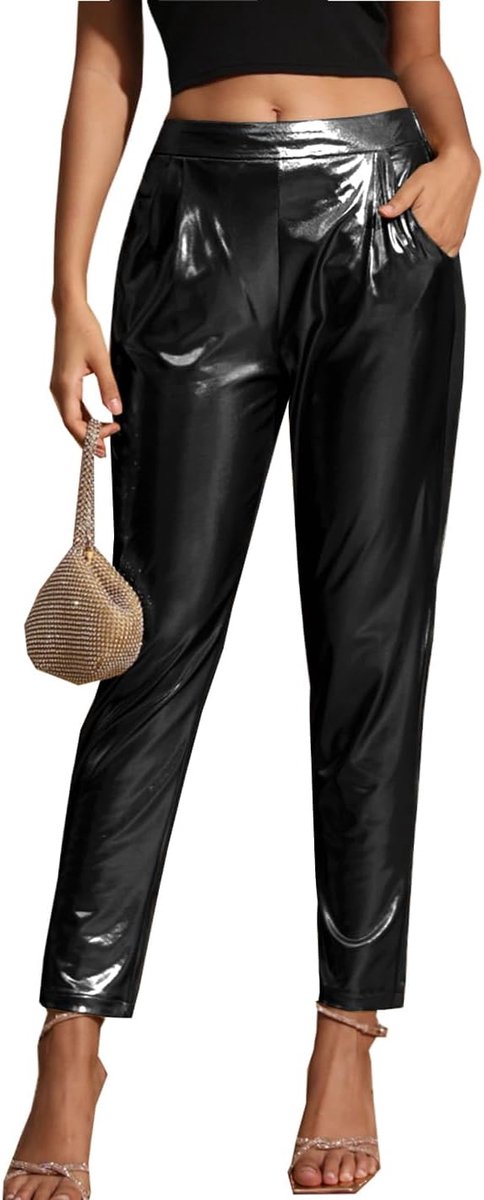 Dames Glitter Metallic Glanzende Glanzende Broek Hoge Taille Pull on Broek Party Disco Nachtclub Clubwear