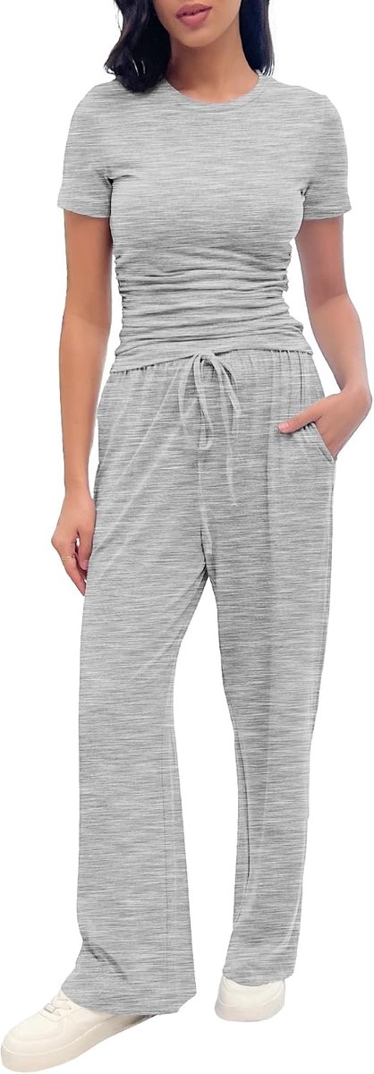 Set voor dames, 2-delig, zacht, rekbaar, top met korte mouwen, broek met trekkoord en zakken, voor thuis of op reis