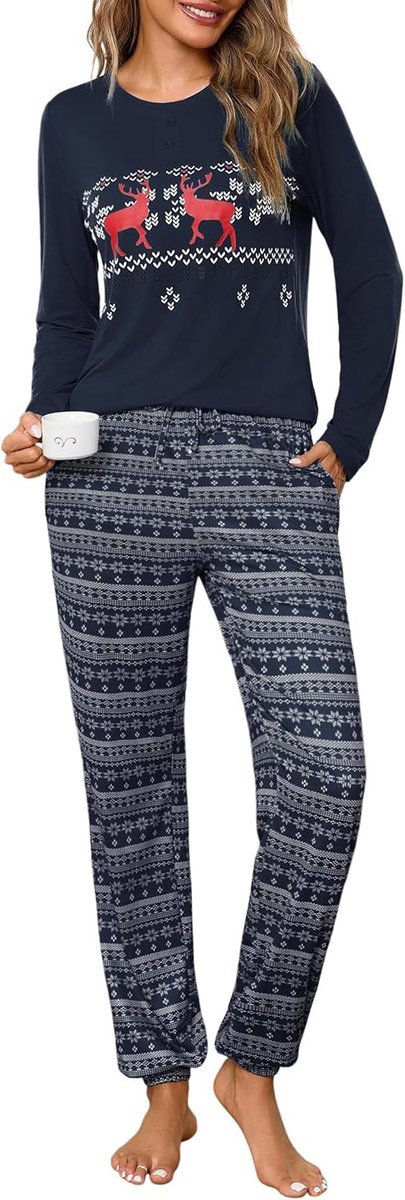 Damespyjama van katoen, lange mouwen, met zak, herfst, winter, bedrukte broek met manchetten