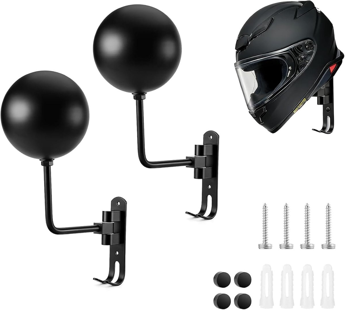 2 stuks motorhelmhouders voor wandmontage, hoedhouder met haken, 180 graden draaibaar, bolvormige helmhouder voor het ophangen van kleding, hoeden, sleutels