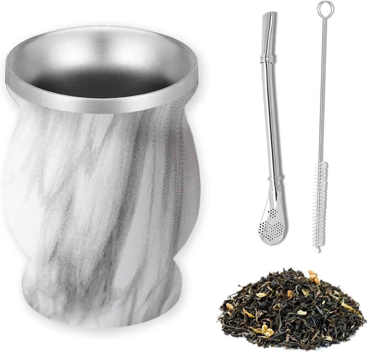 Thee-set, 230 ml, van roestvrij staal, met Mate rietje en een reinigingsborstel, dubbelwandig hittebestendig Mate theekopje, geschikt voor keuken, restaurant, café, marmer