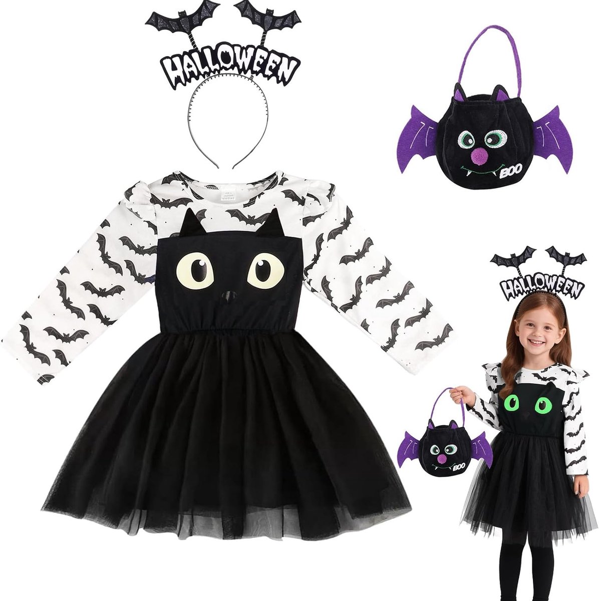 3-delige vleermuis kostuum set voor kinderen, 2-3 jaar Vleermuis kostuum voor peuters Glow in The Dark met haarband ＆ tas, Halloween kinderen Vleermuia meisjes Bat kostuue Fancy Dress outfits Cosplay