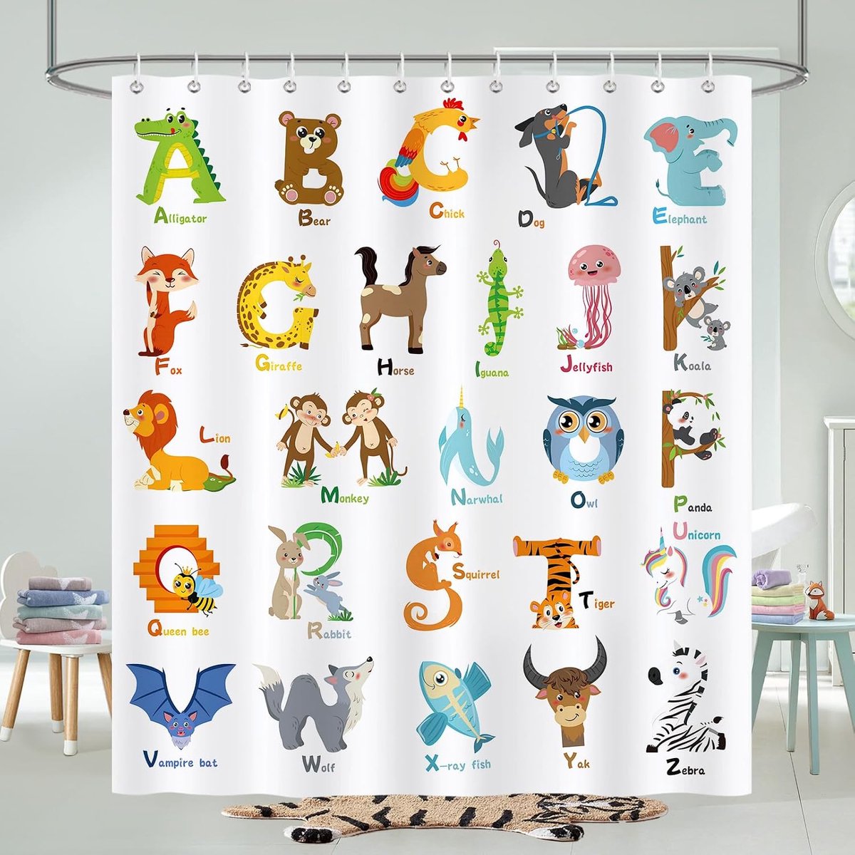 Kinderen ABC douchegordijn, kleurrijk cartoon dier alfabet educatief douchegordijn waterdicht polyester voor badkamer met 12 haken, 182 x 183 cm