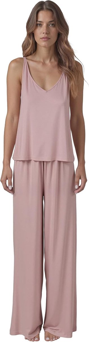 Dames Pyjama Set Viscose Wijde Pijpen Broek V-hals Shirt 2046