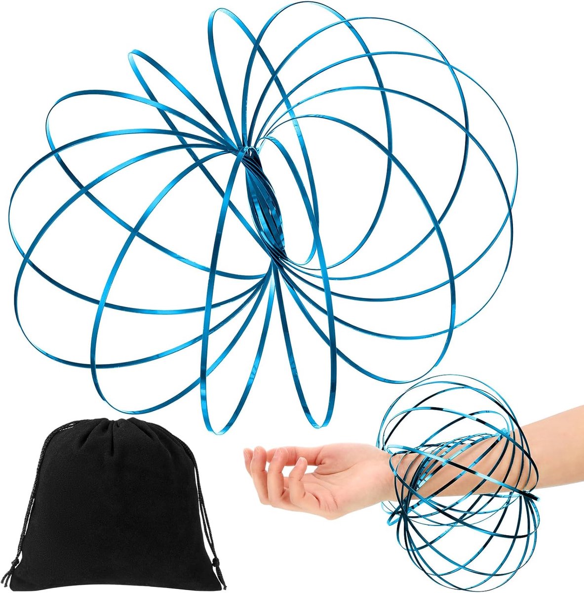 Speelgoed met magische rivierringen van de arm, 3D-armveer, pedagogisch en interactief multisensorisch roestvrij stalen speelgoed met zwarte fluwelen tas voor stressvermindering (blauw)