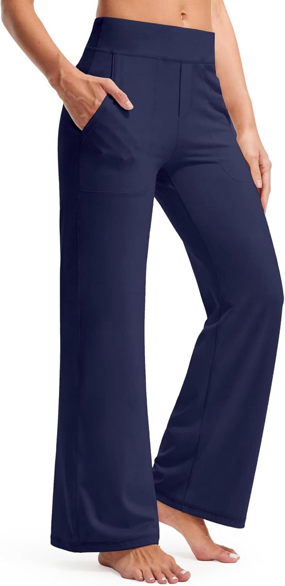 Yogabroek voor dames, lang, hoge taille met zakken, joggingbroek, brede pijpen, comfortabele rechte vrijetijdsbroek, buikcontrole, trainingsbroek, sportbroek, yogabroek