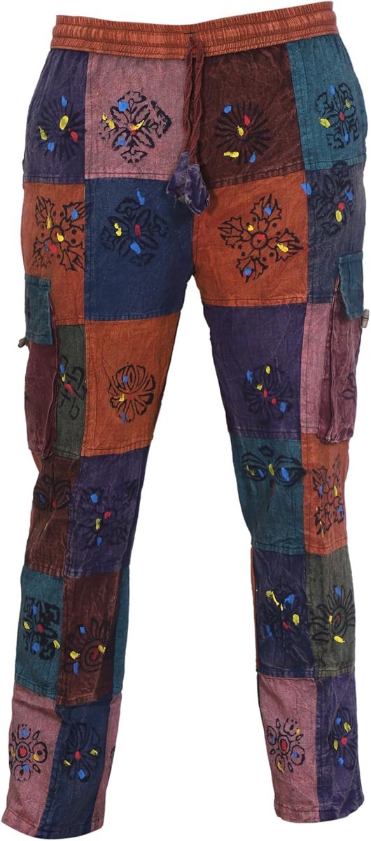 Unisex Handgemaakte Hippie Patchwork Broek, 100% Katoen Boheemse Stijl Elastische Taille Cargo Broek