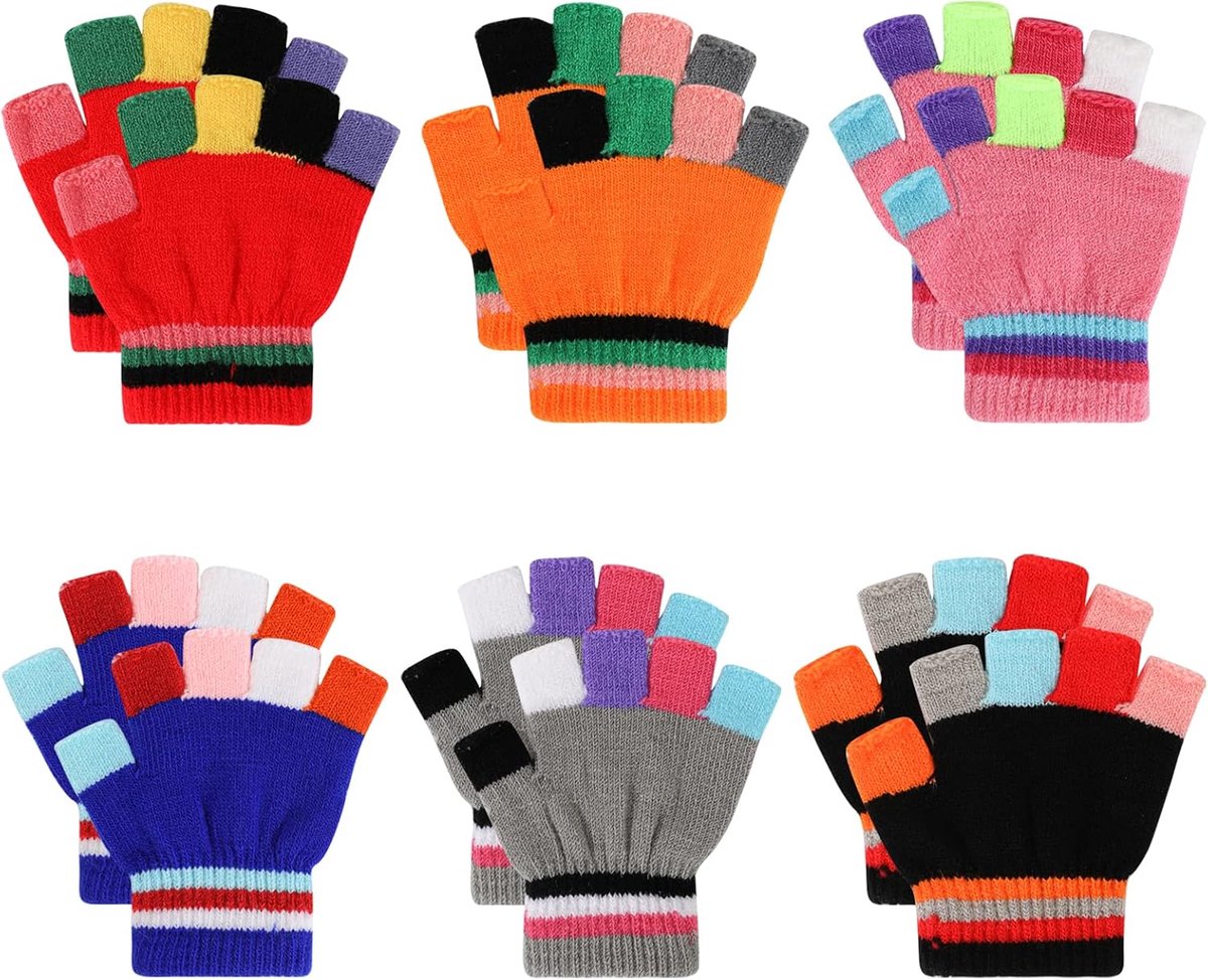 Handschoenen voor kinderen, 6 paar, vingerloze gebreide handschoenen, warme halve vingers, type, strepen, wanten voor meisjes en jongens, 4-10 jaar oud, Mehrfarbig, Eén maat