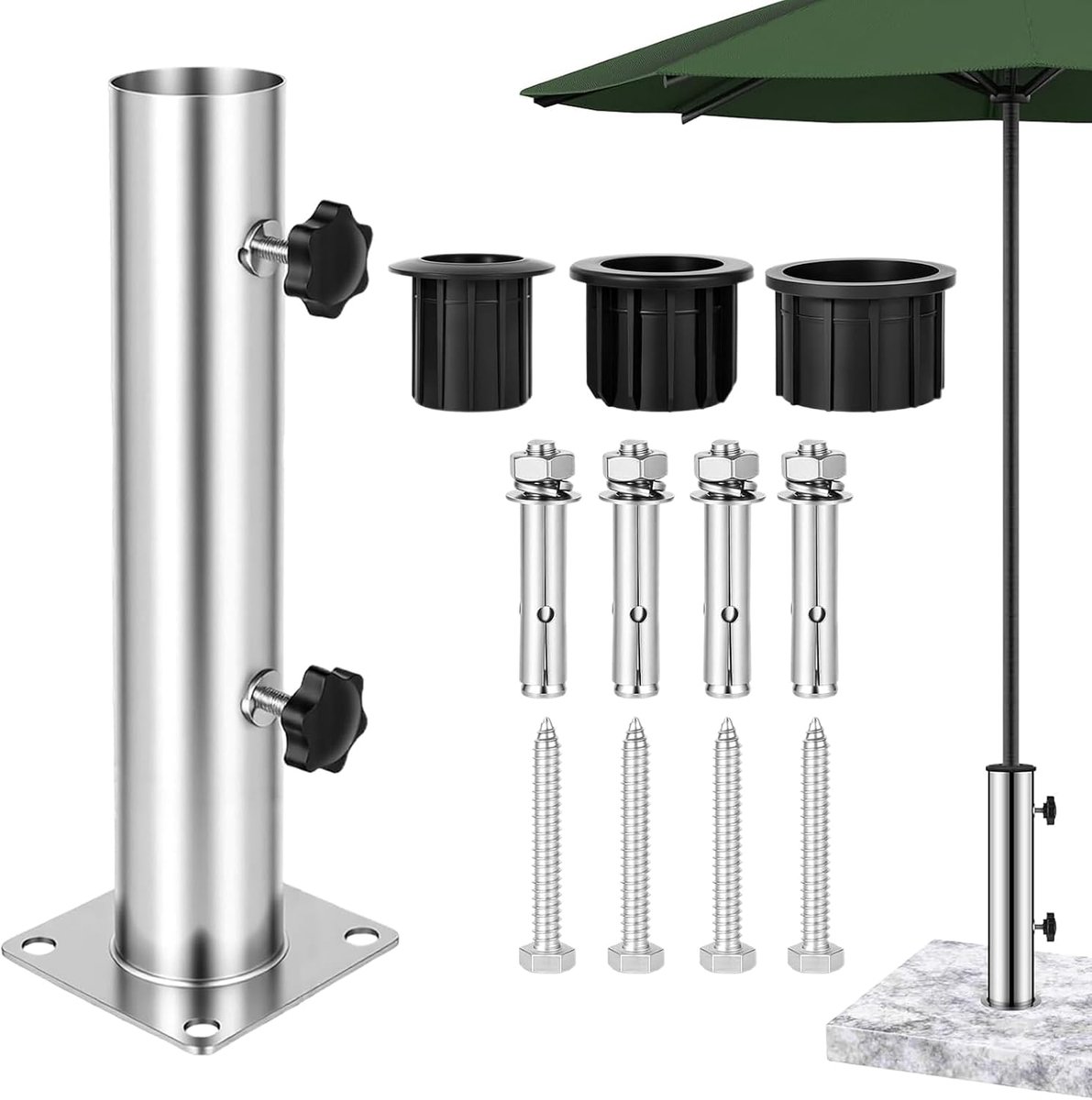 Parasolstandaard met 3 pvc-verloopringen (32/38/48 mm) en 8 stalen spijkers, reserveonderdelen, parasol, stabiele houder voor terras, zwembadrand, balkon, tuin