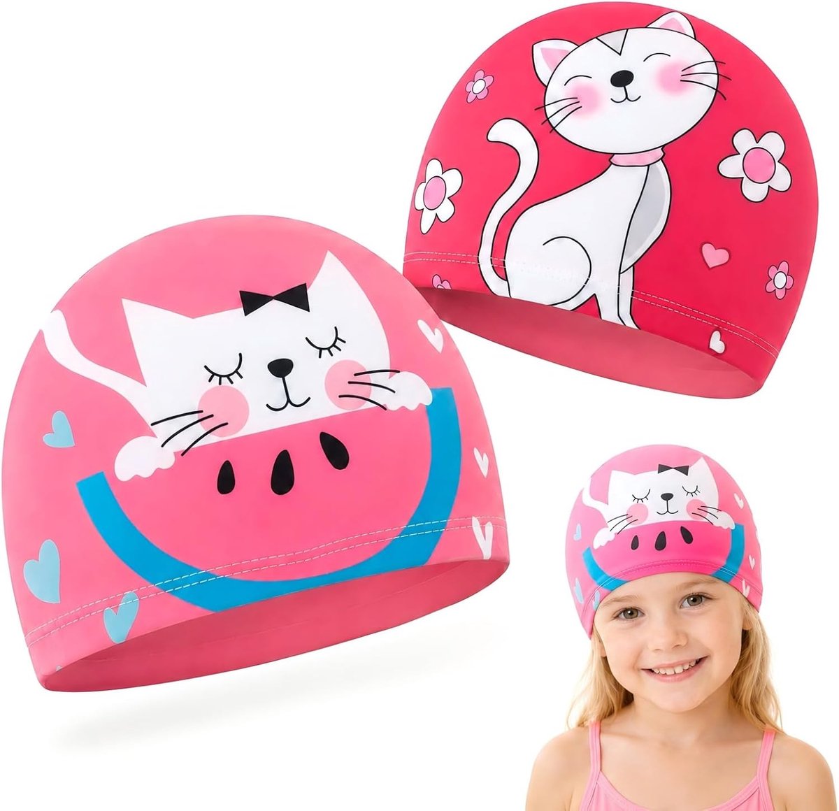 2 Stuks badmutsen voor kinderen, schattige bedrukte badmutsen, zwemmuts voor kinderen, cartoon-badmuts, elastisch polyester, badmuts voor 3-8 jaar