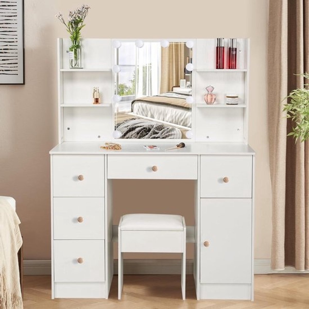 Make-uptafel met ledverlichting - 3 kleurtemperaturen - instelbare helderheid - kaptafel met spiegel - kruk - make-uptafel - 4 planken - 5 laden - modern wit make up tafel