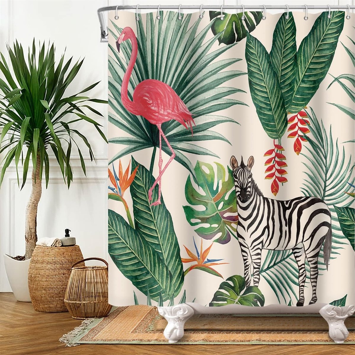 122 x 183 cm Flamingo douchegordijn tropische palmboom groene bladeren bananenblad paard bad gordijn zomer thema bad gordijn stof polyester waterdicht voor kinderen badkamer decor met haken