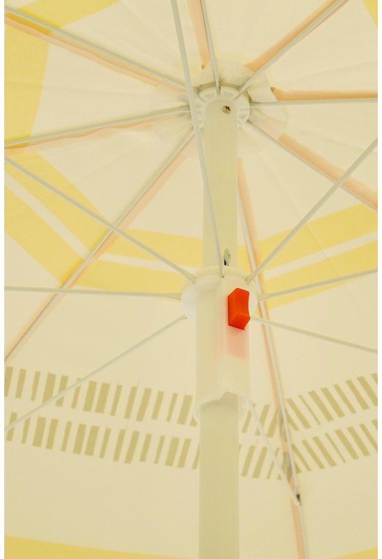 Gedetailleerd aanzicht van de binnenkant van een gele en witte gestreepte parasol, met een rode sluiting.