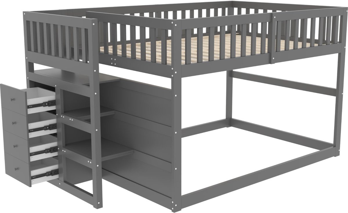 Merax Half Hoogslaper 140x200 cm - Kinderbed met Opbergruimte - Houten Bed voor Kinderen - Grijs