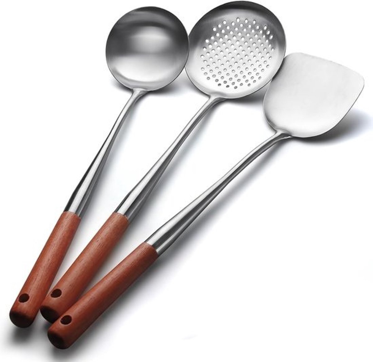 Wok- en schepskimmerset - 3-delige RVS-keukenaccessoires - Vaatwasserbestendig voor wokken en bakken