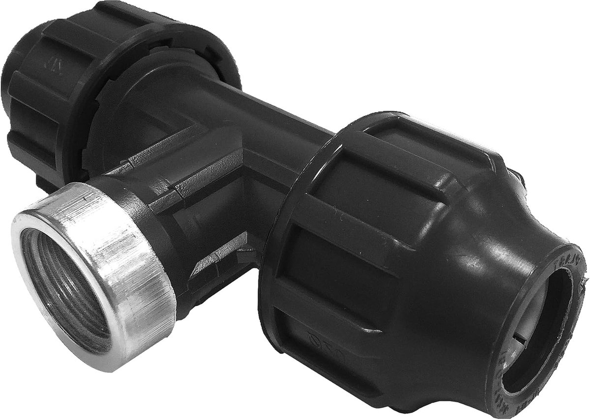 Te met twee openingen Ø 40 mm en binnendraad van 1 ¼ inch met stalen versterking, zwarte polyethyleen aansluiting, ontworpen als snelverbinding voor irrigatiebuizen van 40 mm