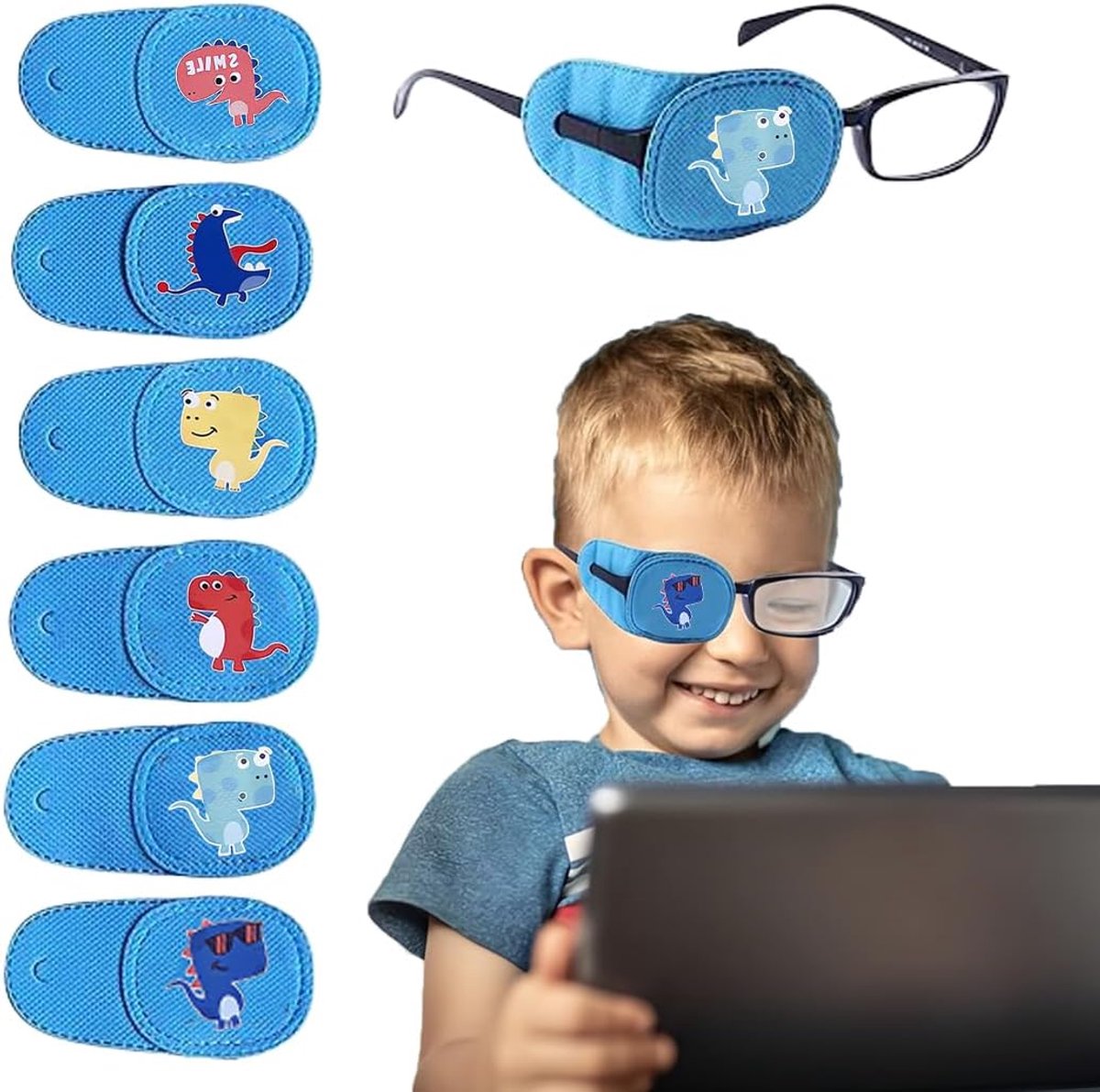 Oogpatch voor brillen, herbruikbare oogpatch, medische vliesstof, oogpatches, rechteroogpleister voor luie ogen, amblyopie, strabisme (blauw voertuig - rechteroog), blauw