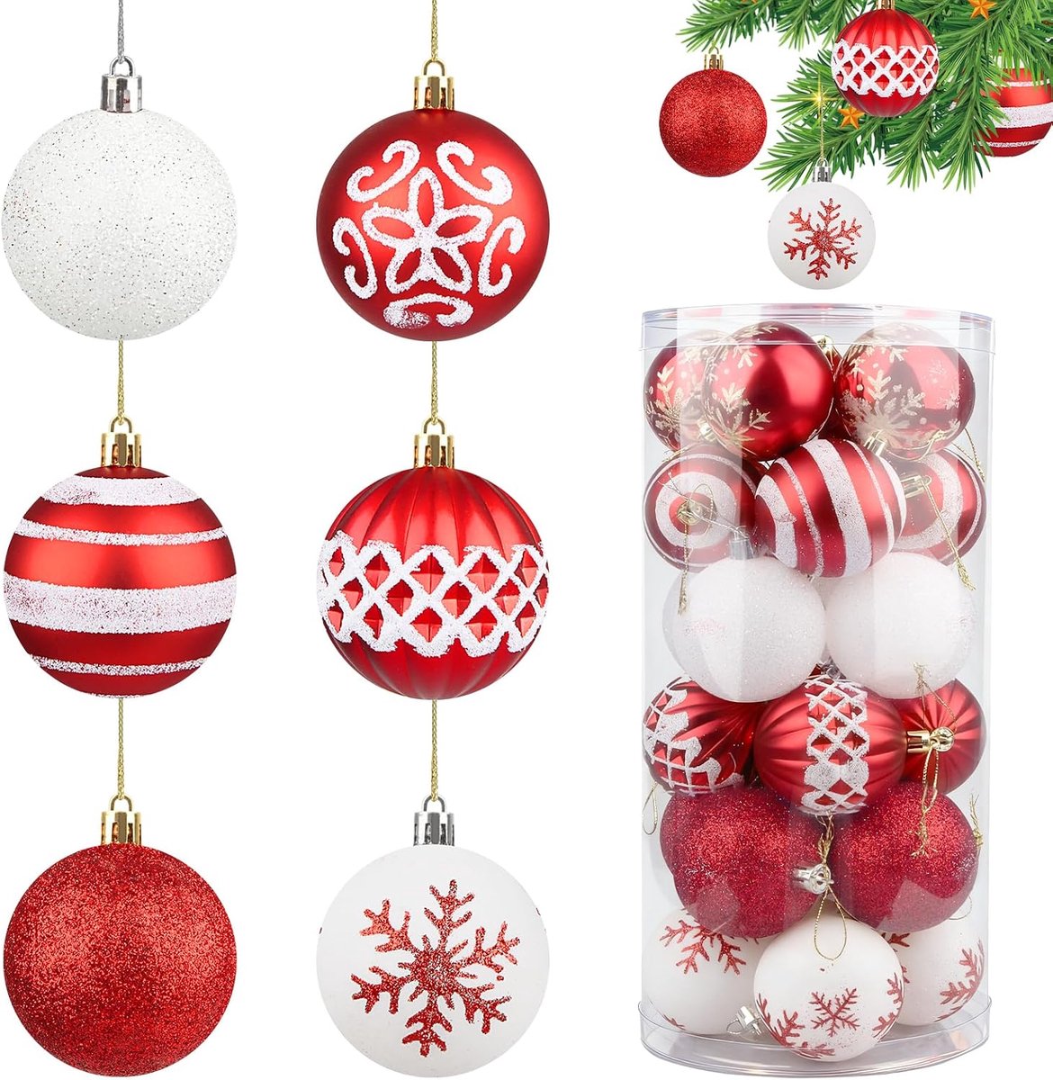 Kerstballen, 60 mm, 24 kerstballen, beige, crème, rood, dennenboom, sieradenset, gek, extravagant, kleurrijke kerstballen, onbreekbaar, voor kerstdecoratie met ophanghaakjes, kerstboomversiering