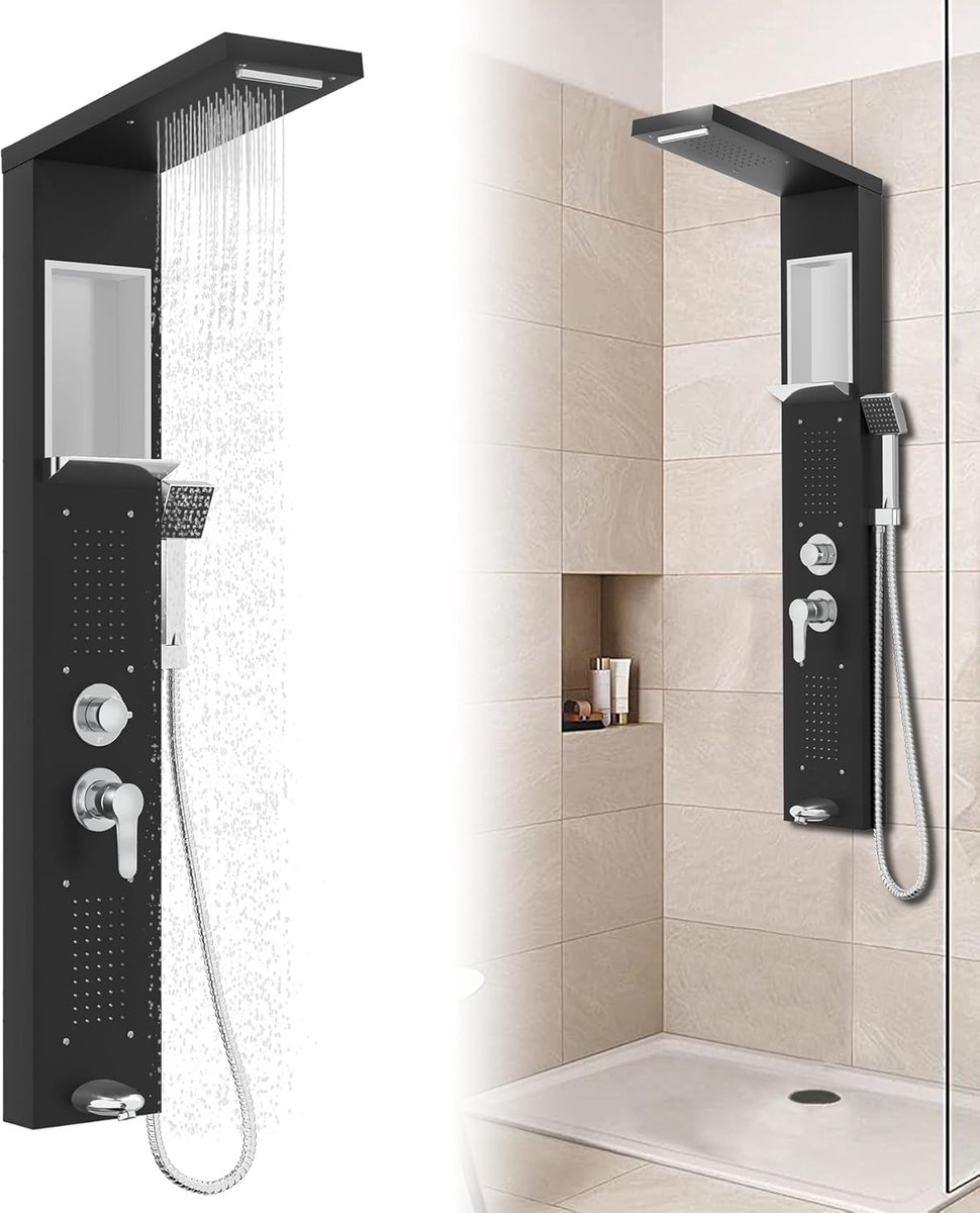 Douchepaneel, regendouche, roestvrij staal, douchesysteem met 5 functies, wandmontage, doucheset met handdouche, regendouche, massagedouche, watervaldouche, douche-armatuur, compleet set (Zwart