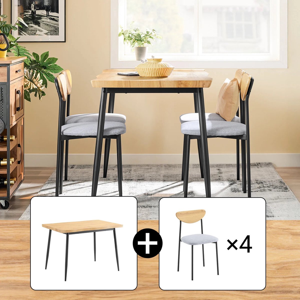 Gudalio Eettafel Set - Tafel - Keukentafel - 4 Persoons - Gestoffeerde Stoelen - Keukenstoelen - Modern - 5 Delig - Hout