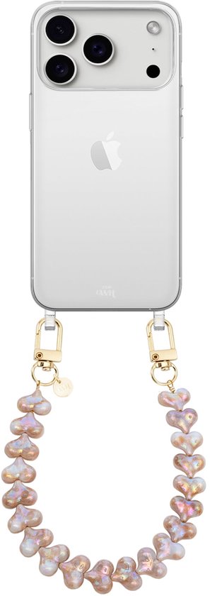 Transparant iPhone-hoesje met een xoxo Wildhearts koord van glanzende, hartvormige kralen in champagne-parelmoer.