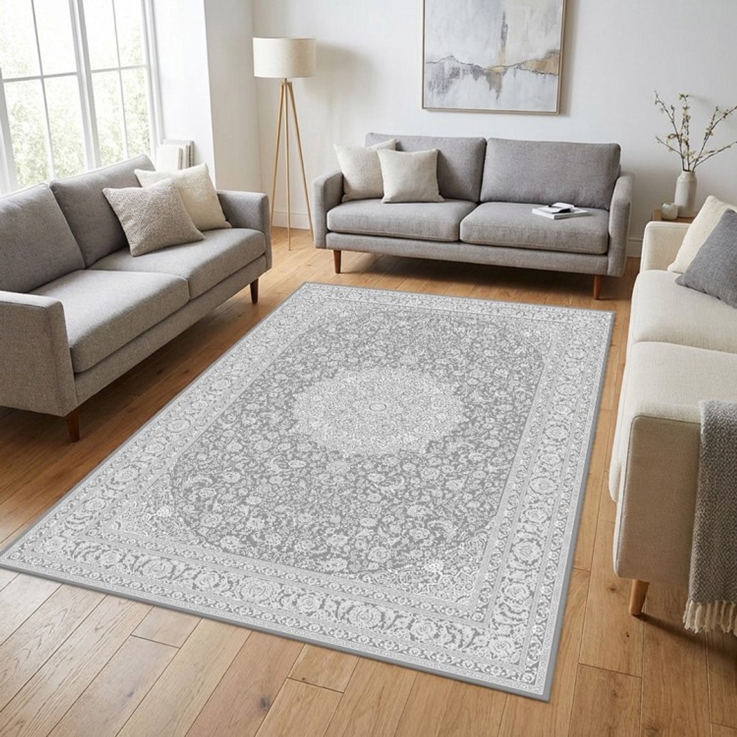 TapisTrend Designer tapijt Grijs 80x150 cm Oosterse vloerkleed met een groot centraal medaillon en gedetailleerde bloemmotieven voor de woon- en eetkamer