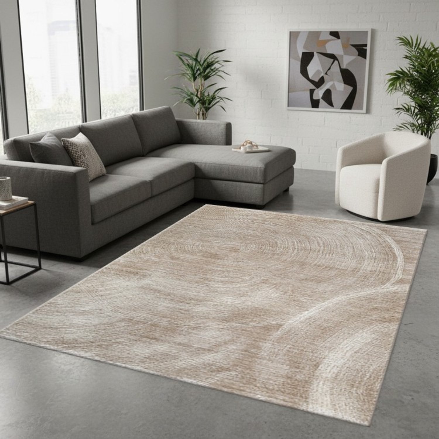 TapisTrend Designer tapijt Beige 80x300 cm Modern vloerkleed met grote concentrische cirkels en een geborsteld effect voor woonkamer en slaapkamer