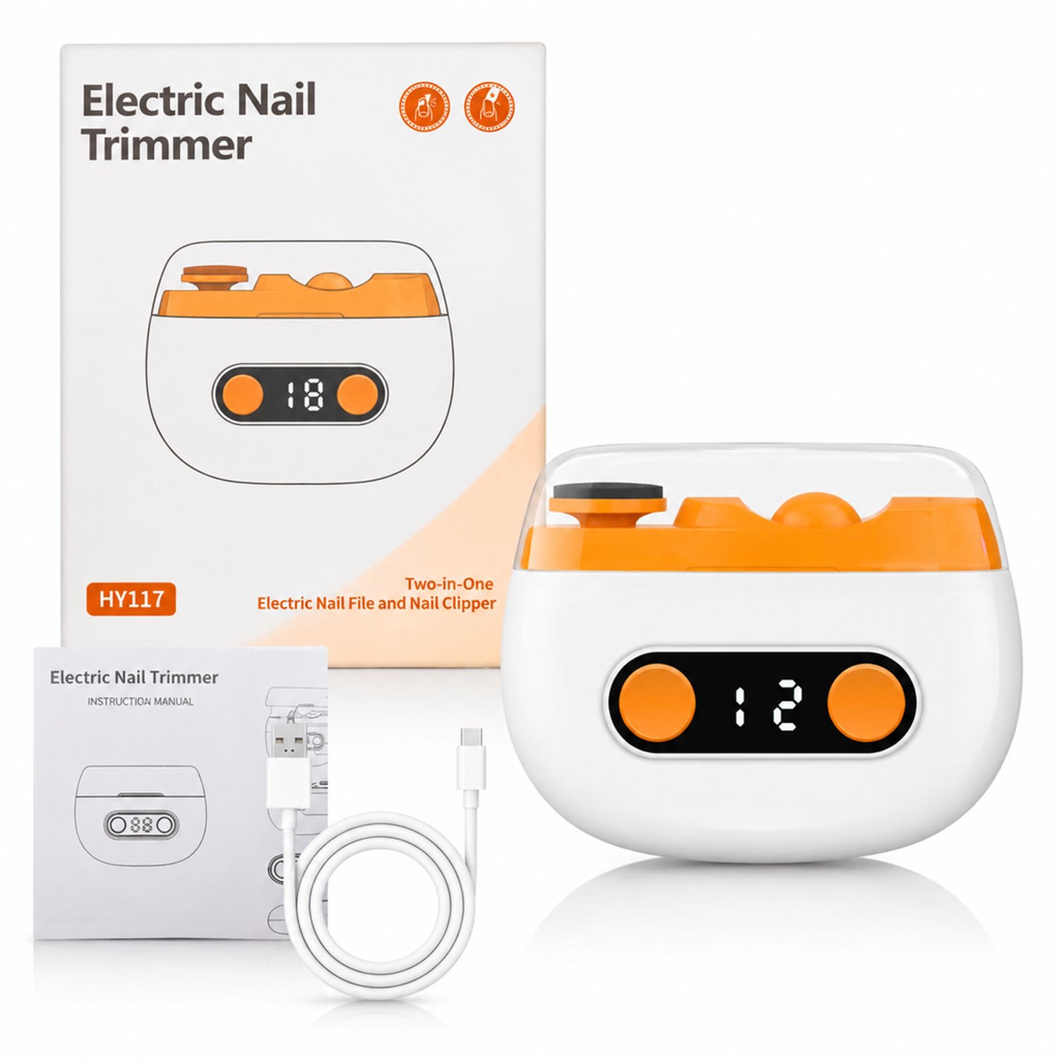 Elektrische nagelknipper - oranje - voor dagelijks en huishoudelijk gebruik - met handleiding en oplaadkabel