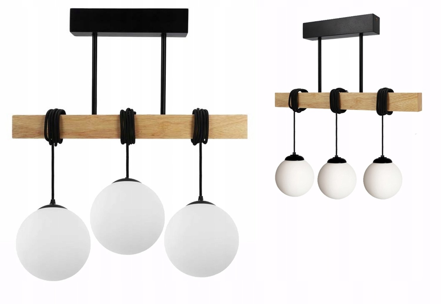 Hanglamp met Houten Balk, 3 Witte Glazen Bollen, E27 Fitting