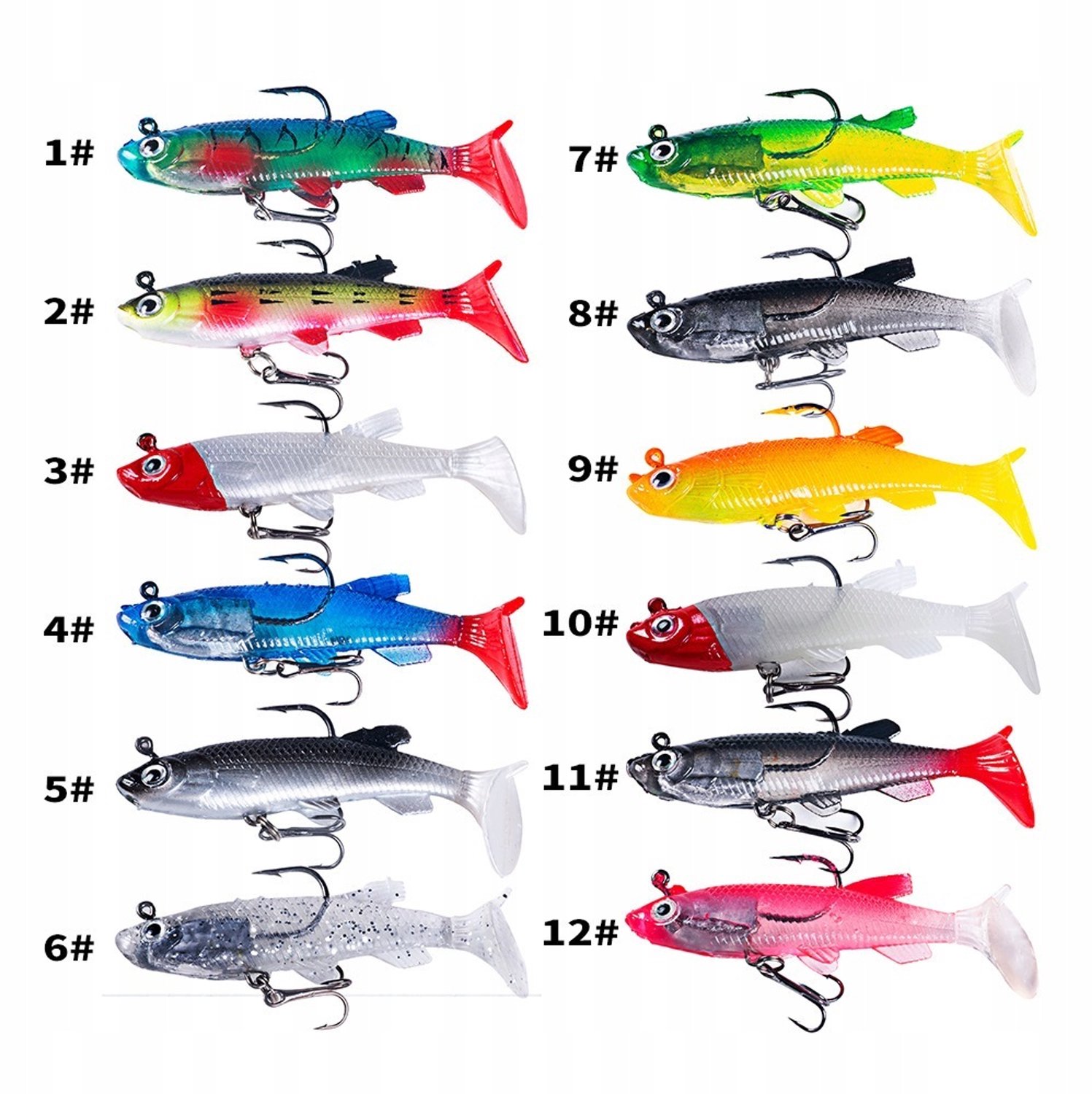 Set van 12 Kunstassige Rubberen Vissen, 8cm, met Haken