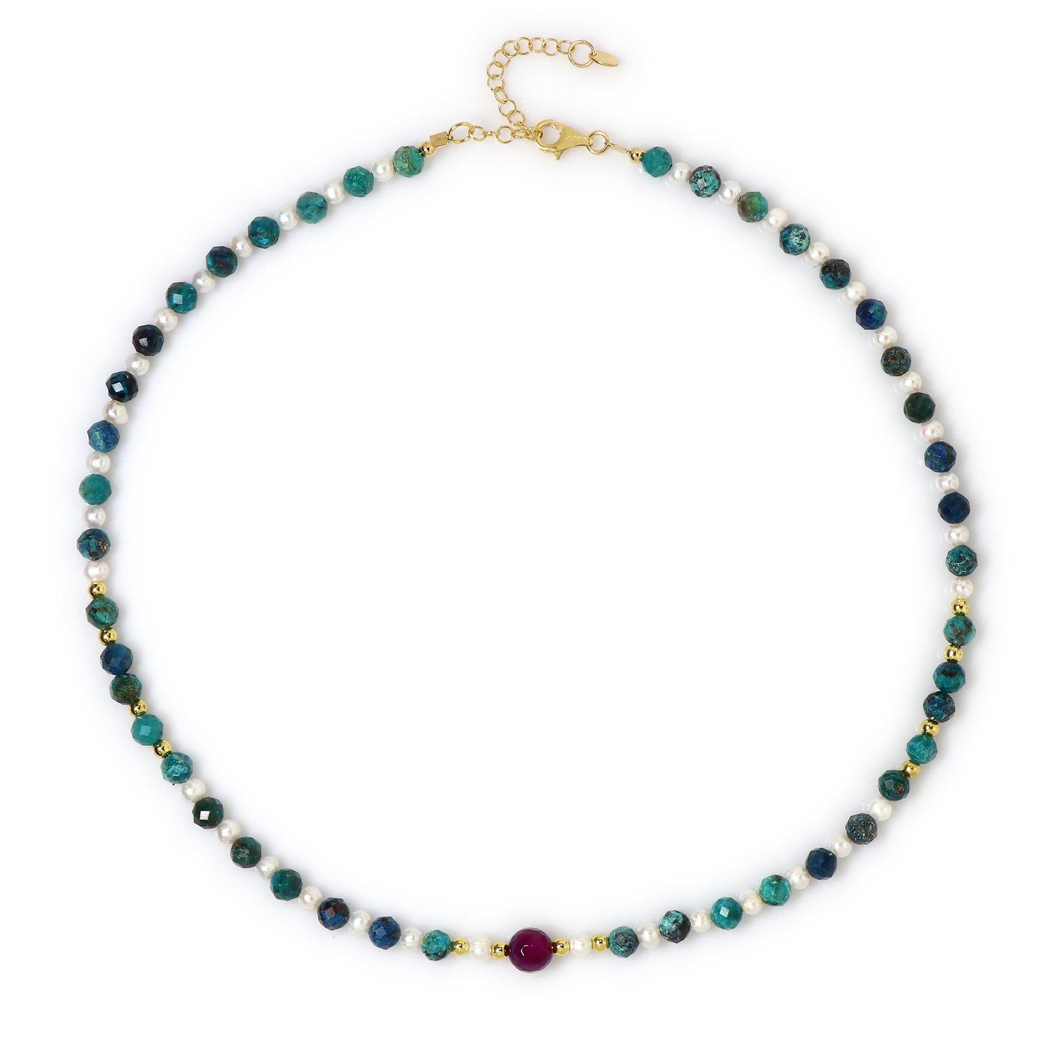 Cavill - Luxe Handgemaakte Halsketting - 925 Sterling Zilver Verguld - Roze Agaat 8mm, Gouden Hematiet & Chrysokolla - Verstelbaar met Parel