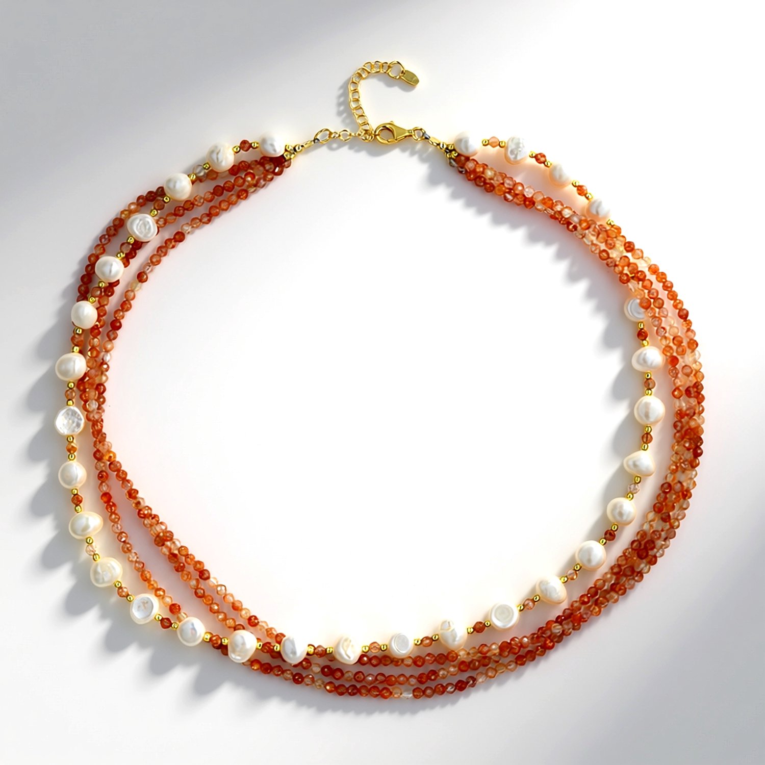 Cavill - Meerstrengige Halsketting - 925 Sterling Zilver Verguld - Zonnesteen 75,668 ct, Zoetwaterparels & Gouden Hematiet - Elegante Damesketting