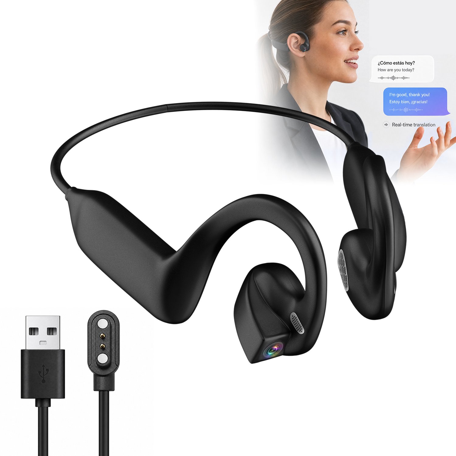 Rayofi draadloze oordopjes bluetooth - Open-ear Sporthoofdtelefoon – Bone Conduction - Kan foto's maken en video en audio opnemen – voorzien van AI-spraakbesturing - noise cancelling koptelefoon - zwart