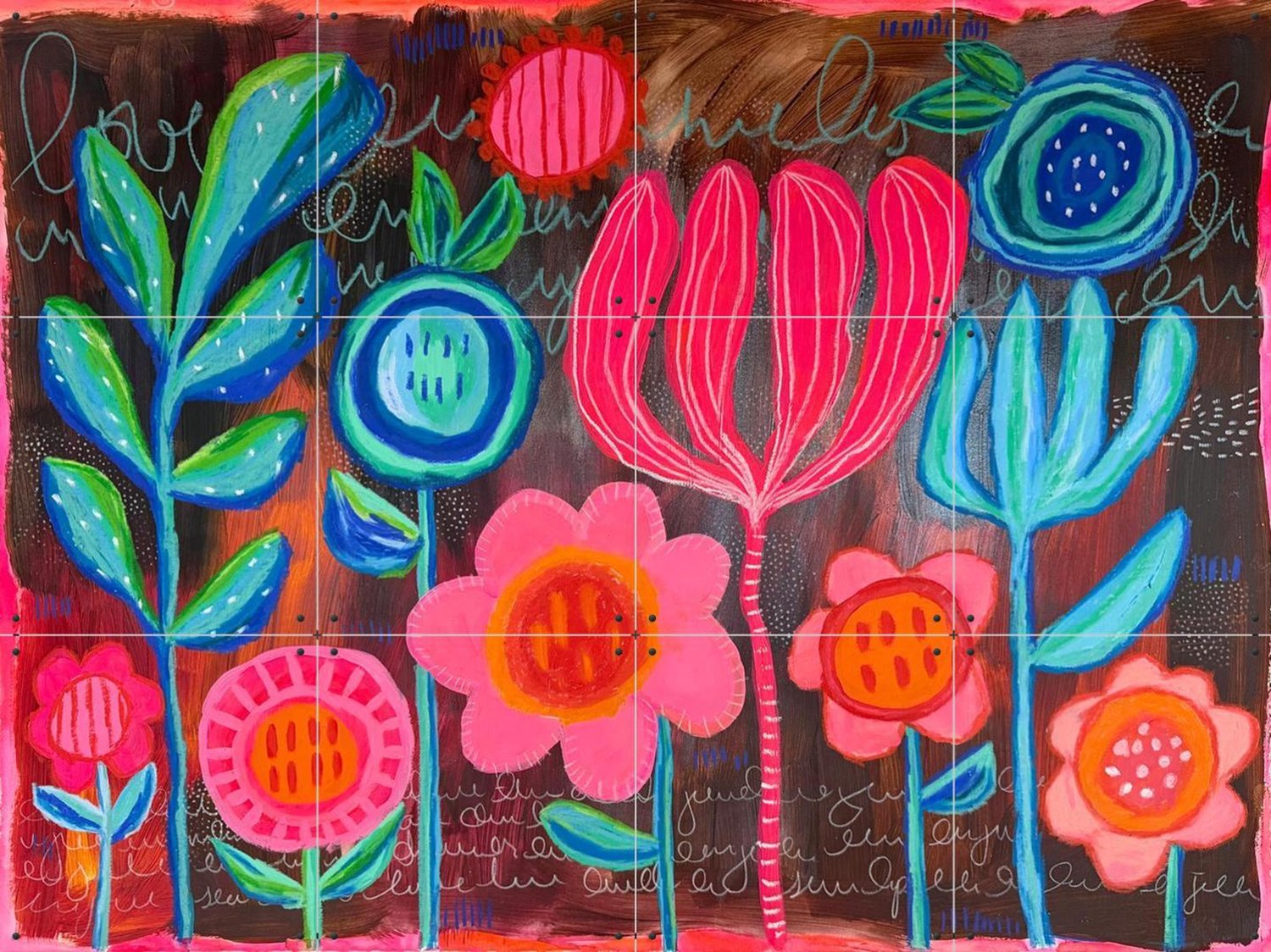 IXXI Oana, Yvette Fanciulli - 80 x 60 cm - Grote wanddecoratie en posters - Schilderijen, Speels, Kleurrijk, Gang, Woonkamer, Bloemen Blauw / Roze / Bruin