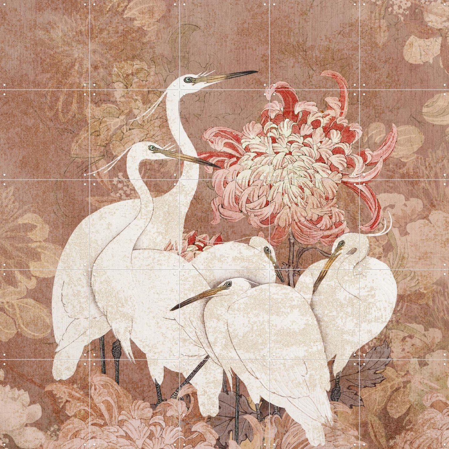 IXXI Dreamy Japanese Crane Birds and Bloom Garden, Bloomery Decor - 100 x 100 cm - Grote wanddecoratie en posters - Vintage, Decoratieve kunsten Beige / Bruin